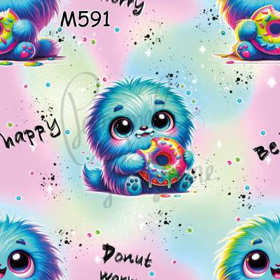 M591 PummelPinguine Exclusive „Kinderstoff Kawaii Monster Donut – Süßes Monster mit Donut"