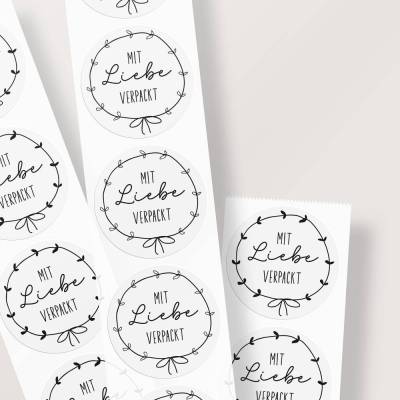 Sticker *Mit Liebe verpackt* zum Verpacken und Verschönern von Geschenken oder Bestellungen / Runde Aufkleber ∅ 50 mm