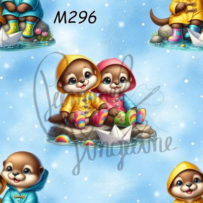 M296 PummelPinguine Exclusive Stoffe „Kinderstoff Otterpärchen Tiermotiv mit Regenjacke & Papierboot"