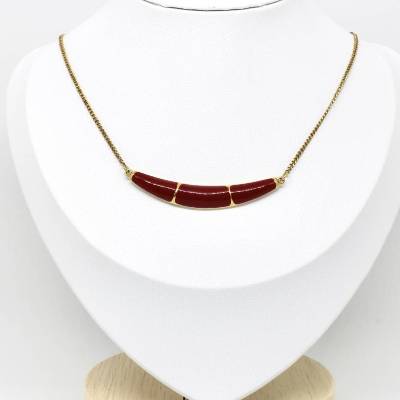 Vintage Damen Collier Kette Goldfarbig Emailliert in Weinrot Halsschmuck zart 80er Jahre