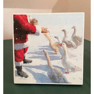 Holzbild, Weihnachtsmann füttert Gänse, zum Aufhängen oder Aufstellen, Weihnachten