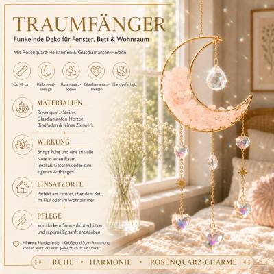 Schützender Traumfänger Mond mit Rosenquarz, Rosa Heilsteine, funkelt wunderschön, Deko, Geschenk Windspiel