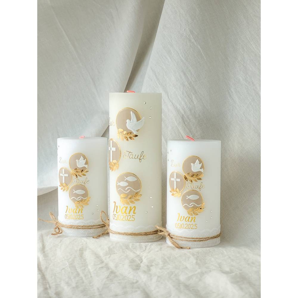 Taufkerzen Kommunionkerzen Konfirmationskerzen Hochzeitskerzen für Mädchen Jungen Unisex beige gold Strasssteinen Boho Bild 1