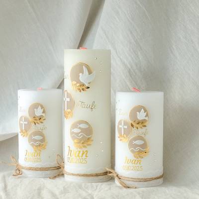 Taufkerzen Kommunionkerzen Konfirmationskerzen Hochzeitskerzen für Mädchen Jungen Unisex beige gold Strasssteinen Boho