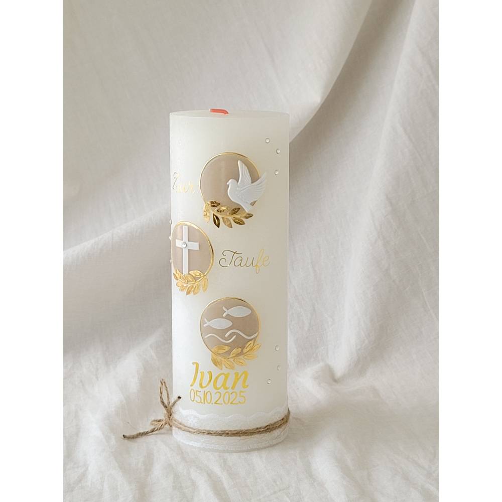 Taufkerzen Kommunionkerzen Konfirmationskerzen Hochzeitskerzen für Mädchen Jungen Unisex beige gold Strasssteinen Boho Bild 3