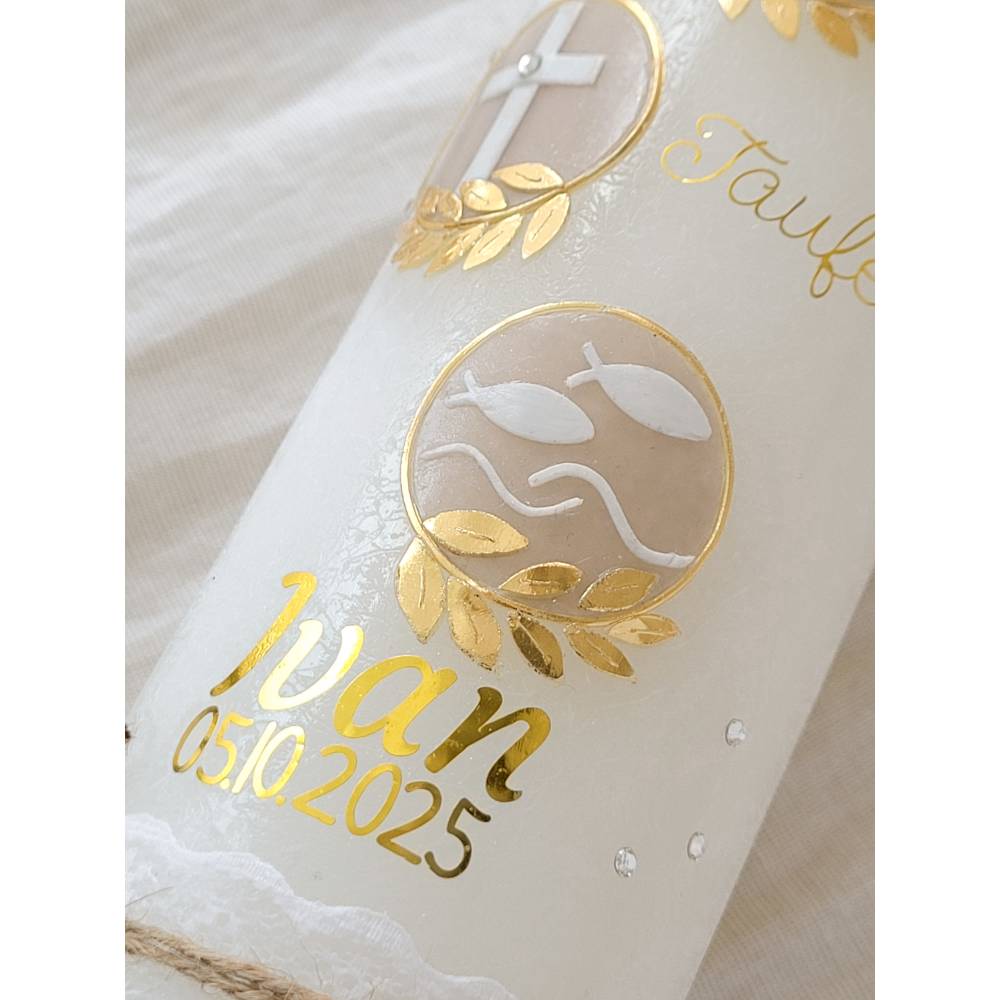 Taufkerzen Kommunionkerzen Konfirmationskerzen Hochzeitskerzen für Mädchen Jungen Unisex beige gold Strasssteinen Boho Bild 6