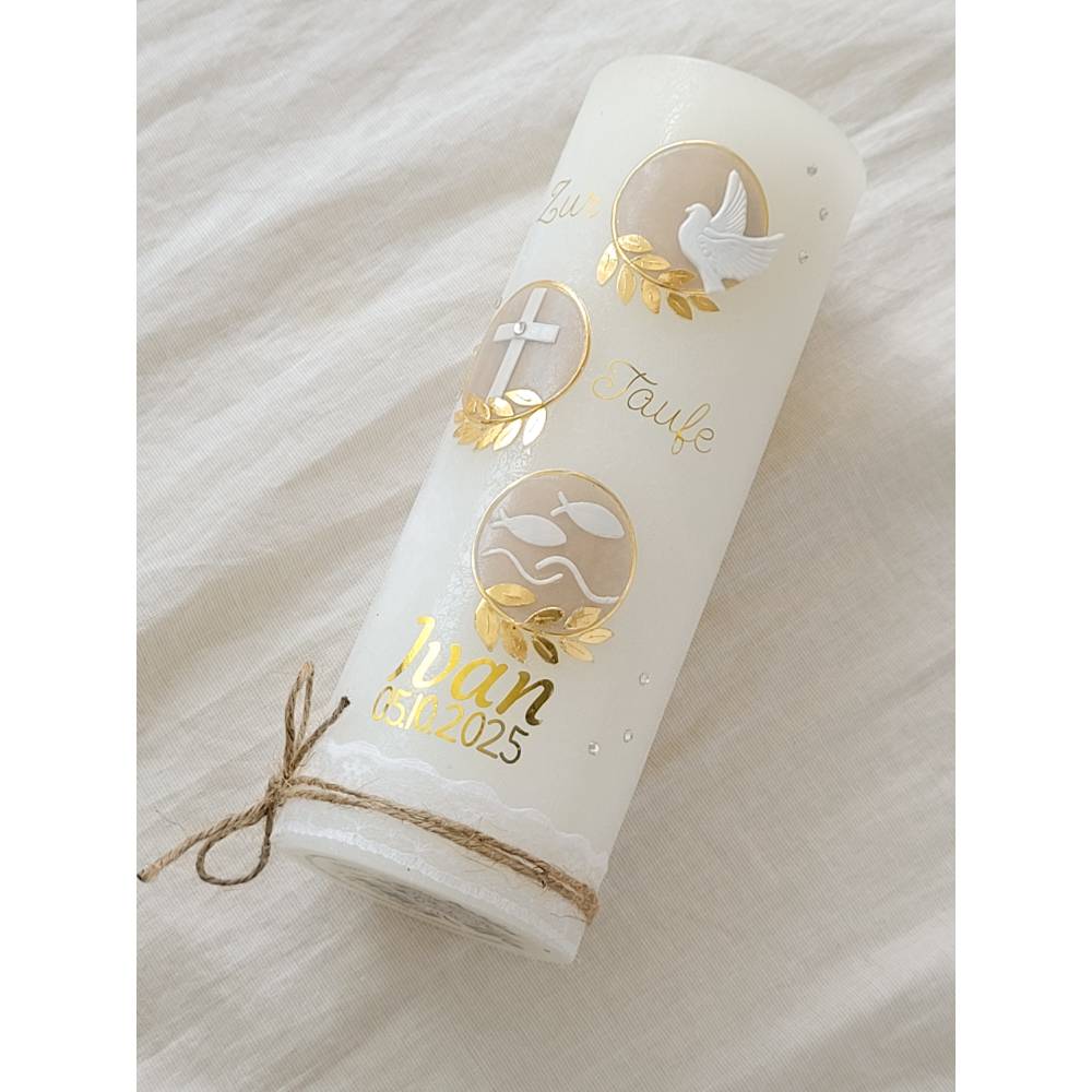 Taufkerzen Kommunionkerzen Konfirmationskerzen Hochzeitskerzen für Mädchen Jungen Unisex beige gold Strasssteinen Boho Bild 7