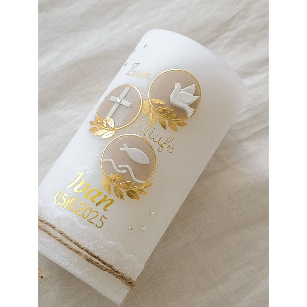 Taufkerzen Kommunionkerzen Konfirmationskerzen Hochzeitskerzen für Mädchen Jungen Unisex beige gold Strasssteinen Boho Bild 9