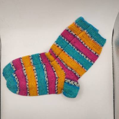 Handgestrickte Socken Gr.40/41 Pink/Türkis/Gelb