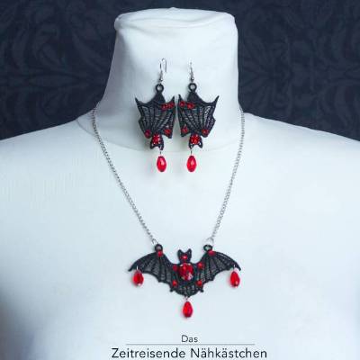 Viktorianisches Gothic Schmuckset – Fledermaus Halskette & Ohrringe, individuelle Handarbeit aus Spitze