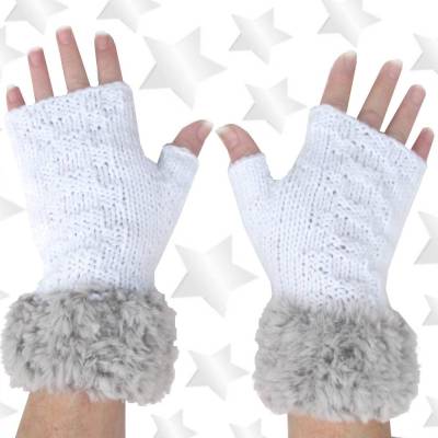 Handgestrickte fingerlose Handschuhe Weiß Grau mit Glitzer – Damen Accessoire für Herbst & Winter