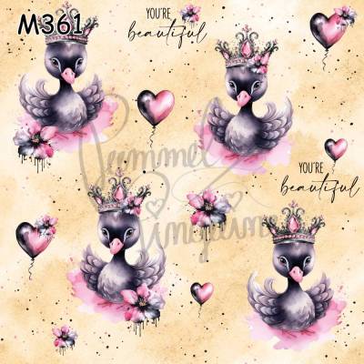 M361 PummelPinguine Exclusive „Kinderstoffe Black Swan Princess Edles Schwanen-Design mit Krone & Blumen"