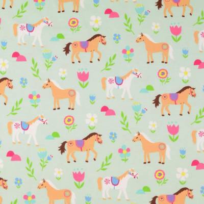 Rest: 1m x 1,50m Baumwolljersey Pferde mit Blumen mint Oeko-Tex Standard 100