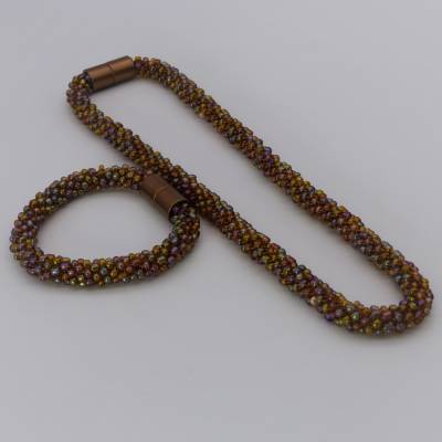 Schmuckset gehäkelt, braun irisierend, Kette + Armband, 43 + 19.5 cm, Glasperlen, Häkelschmuck, Unikat