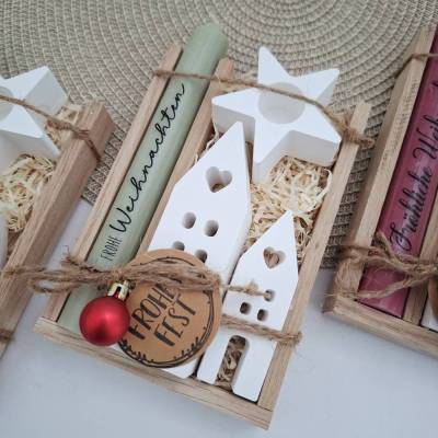 Weihnachten Geschenkset Weihnachtsgeschenk Häuser / Lichthäuser Kerzenhalter Stern Wichtelgeschenk Kerzenset