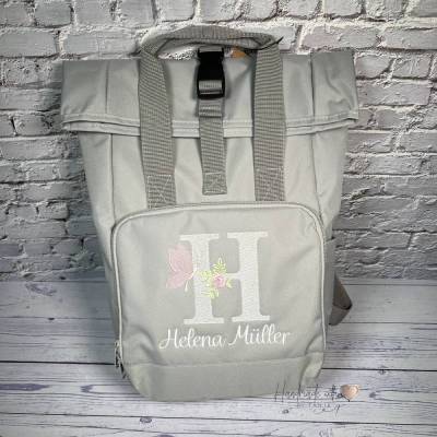 Rolltop Rucksack mit Monogram & Namen bestickt I personalisierte Kita Tasche I verschiedene Farben 