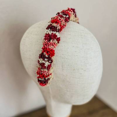 Blumenhaarkranz "Marylou" mit Trockenblumen in rot und weiß für Fotoshootin, Hochzeit, Feste und festliche Tage