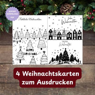 Postkarten Weihnachten digital – 4 moderne schwarz-weiße PDF-Karten DIN A6 zum Ausdrucken