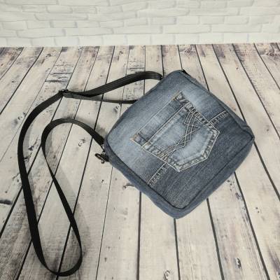 Jeanstasche Umhängetasche – Upcycling Schultertasche aus Jeans, 23x23x6,5cm, dunkelblau