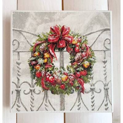 Holzbild, weihnachtlicher Kranz am Gartenzaun, zum Aufhängen oder Aufstellen, Weihnachten