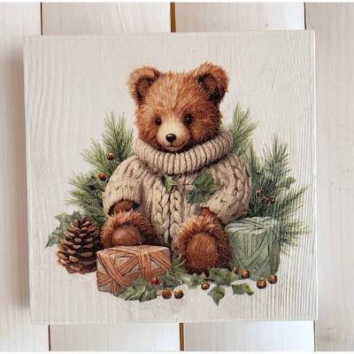 Holzbild, Teddy mit Geschenken, zum Aufhängen oder Aufstellen, Weihnachten