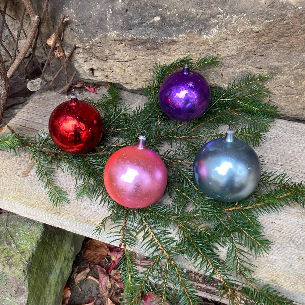 4 uralte große Christbaumkugeln Ø 8 cm bunt Vintage Lauscha 50er Jahre DDR