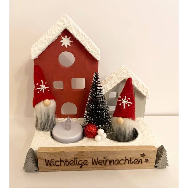 Wichtelhäuschen mit Wichtel, Teelicht und Schnee – Weihnachtsdeko handbemalt