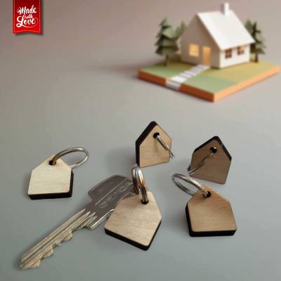 Holz Schlüsselanhänger Haus 5er Set, minimalistisches Einzugsgeschenk aus Naturholz mit Metallring