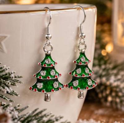 Funkelnde Tannenbaum Ohrringe Weihnachten emailliert silber 2,5 cm