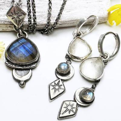 Schmuckset, Bergkristall, Crystal Quartz, Labradorit, Mond, Stern, Nordstern Ohrringe silber, Anhänger, Creolen, Halbmo