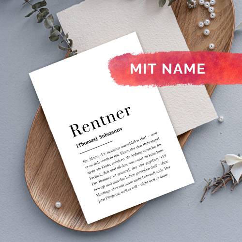 Rentner Definition Karte personalisiert – Geschenk zum Ruhestand Mann – A6 Postkarte mit Name weiß – Rente Abschied Kollegengeschenk