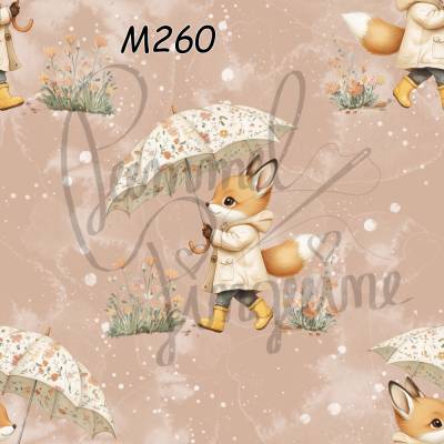 M260 PummelPinguine Exclusive Stoffe „Fuchs im Regen – Herbstlicher Tierstoff mit Regenschirm"
