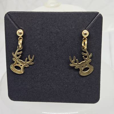 Edelstahl Ohrstecker mit Rentier – Goldfarbene Weihnachts-Ohrringe, ca. 17 mm, inkl. zusätzlicher Silikonstopfen
