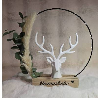 Deko-Ring Elch Scandi-Style – Skandinavische Deko aus Metall mit Holzsockel & Trockenblumen