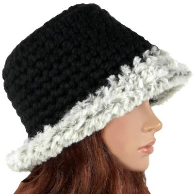 Winterhut Bucket Hat gehäkelt Schwarz & Grau | Größe M 55-56 cm KU | Handgemacht & Elegant