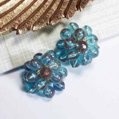 Vintage Ohrclips blau Kunststoffperlen 50er 60er 70er Rockabilly Glasoptik Ohrringe