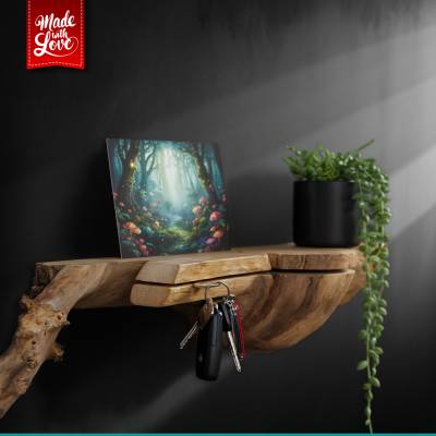 Schlüsselbrett Holz mit Ablage, Schlüsselhalter Wand aus Wurzelholz rustikal mit Handyhalterung, ca. 35 cm