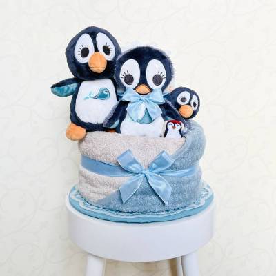 Windeltorte Pinguin blau beige – Originelles Geschenk zur Geburt, Taufe & Babyparty