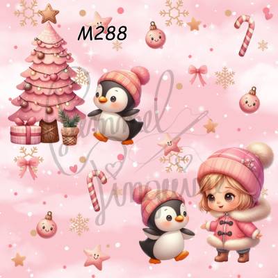 M288 PummelPinguine Exclusive Stoffe „Kinderstoff Mädchen mit Pinguin, Weihnachtsbaum & Geschenken"
