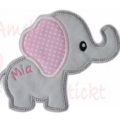 Applikation Aufnäher grosser Elefant mit Name gestickt aus Baumwollstoff mit Stickerei rosa grau