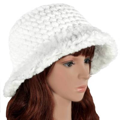 Winterhut Schneeweiß Bucket Hat Damen L 58-60 cm KU – Handgemacht, Warm & Stylisch