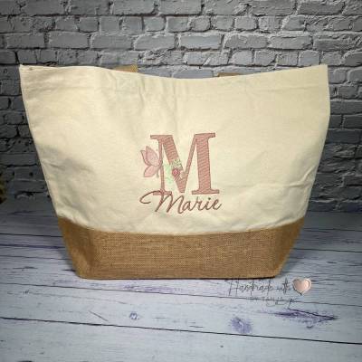 Jute Shopper mit Initial & Namen bestickt I personalisierte Einkaufstasche I Tasche mit Name I 2 Größen