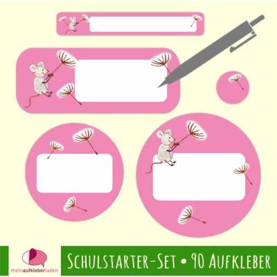 Schulstarter-Set | Maus mit Pusteblume rosa - 90 teilig, Stifteaufkleber, Schuletiketten - blanko zum Selbstbeschriften