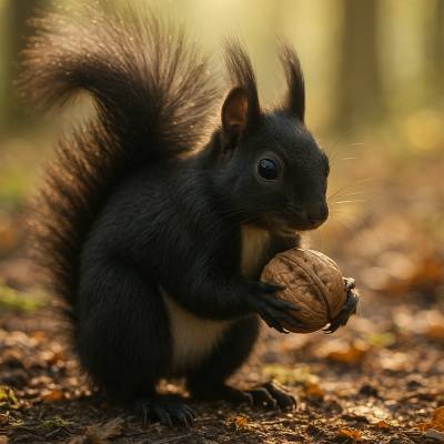 Schwarzes Eichhörnchen mit Walnuss – Fotorealistisches Naturmotiv (Eich2)