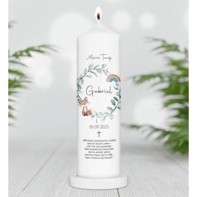 Taufkerze personalisiert mit Namen Datum und Taufspruch "Blätterkranz Fuchs", Patenkerze, Taufkerze