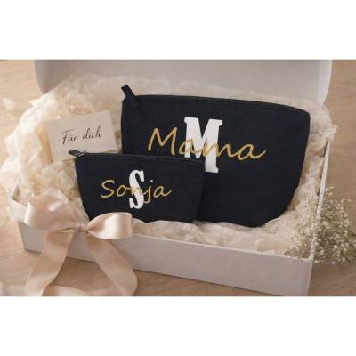 Personalisierte Kosmetiktasche aus schwarzem Filz – Make-up Tasche mit Namen Reise-Organizer Initialen in Gold oder Weiß