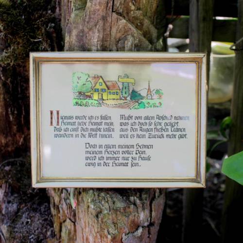 Vintage Spruchbild mit Heimatgedicht handgemalt im Holzrahmen 50er 60er Jahre