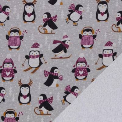 Rest: 1,2m x1,47m  Alpenfleece Kuschel Sweat Leah Pinguine grau/beere meliert Oeko-Tex Standard 100