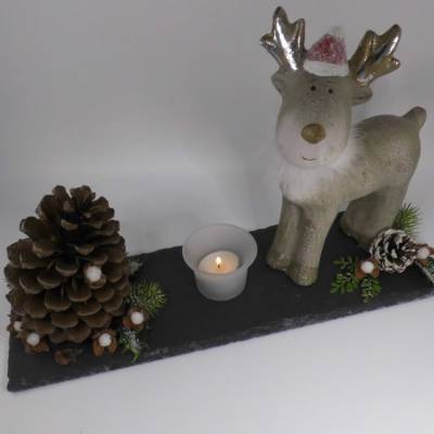 Weihnachten Advent Deko Elch mit Teelicht auf Schieferplatte – Landhausstil Tischdeko 40 x 10 cm