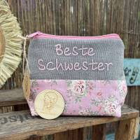 Schminktasche Beste Schwester – Handgemachte Kosmetiktasche als Geschenk, Kulturbeutel, Schminktäschchen